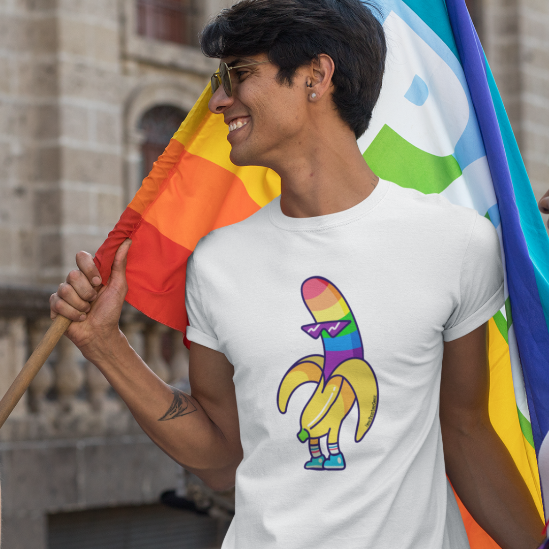 A cheerful man proudly dons the Rainbow Peel Delight Tee from HeadhunterGear